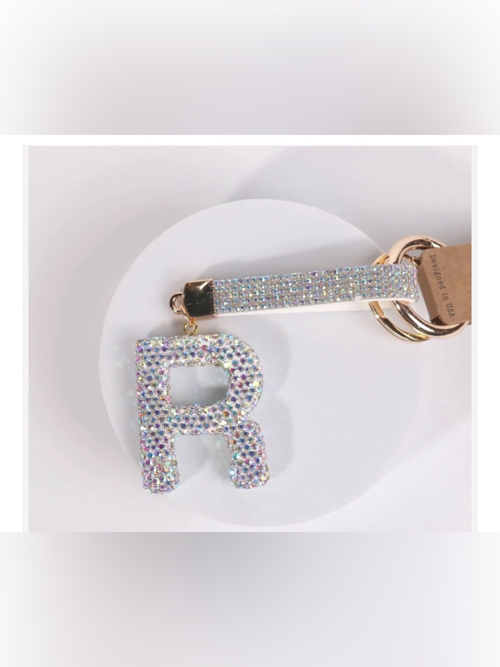 Crystal Initial 'R' Keychain Charm - Iridescent Bling
